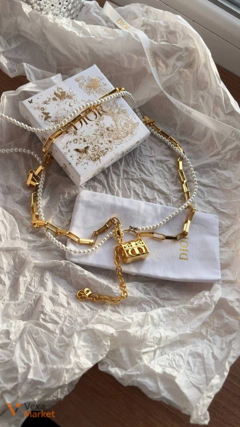 Подвійний ланцюжок Dior з перлами та підвіскою-замком
