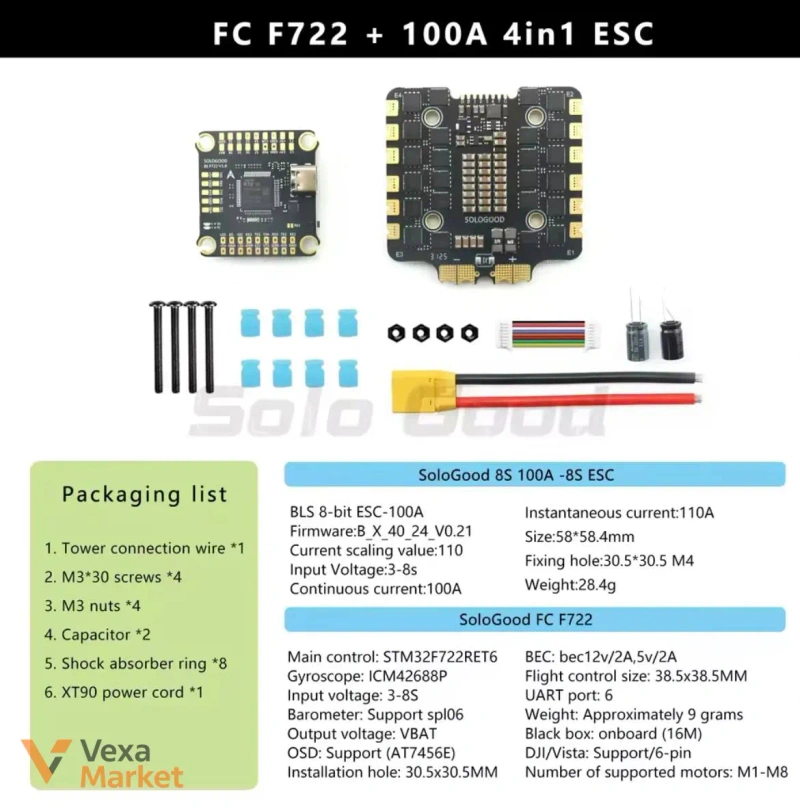 Політний контролер SoloGood F722 100A 8S Stack ICM42688P для FPV дронів — фото 2