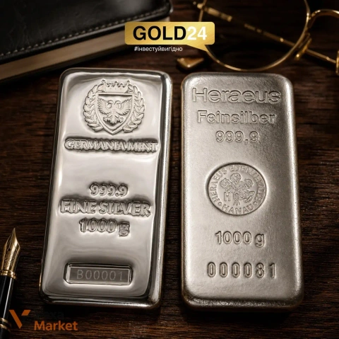 Серебряные слитки Germania Mint 1 кг и Heraeus 1 кг