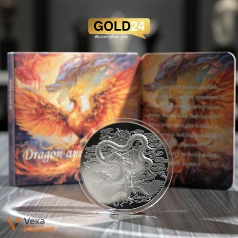 Срібна монета "Double Dragon & Phoenix" 55,98г 999 проба Габон