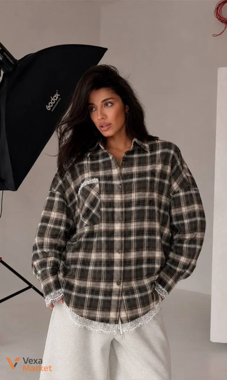 Стильна фланелева сорочка oversize мод. 532 з мереживом — фото 5