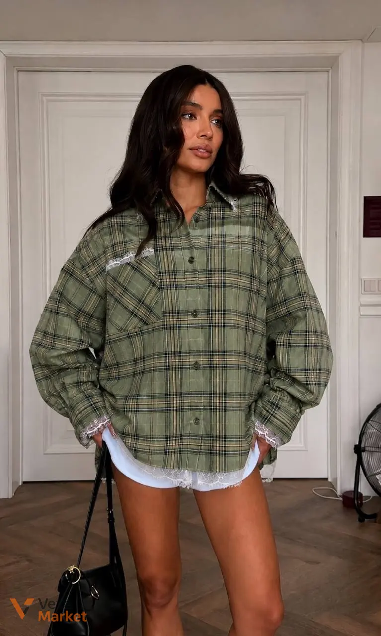 Стильна фланелева сорочка oversize мод. 532 з мереживом — фото 6
