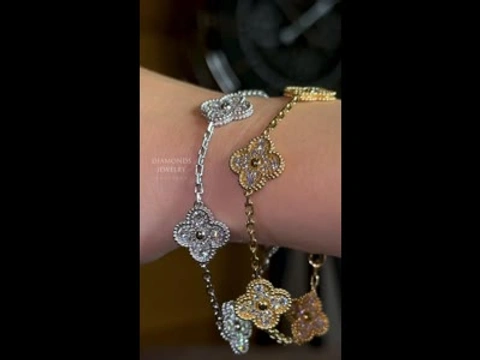 Van Cleef & Arpels Vintage Alhambra bracelet, 5 motifs, White/Yellow Gold 18K, Diamonds 2.41 ct