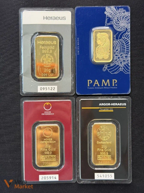 Золоті зливки Heraeus, PAMP, Münze Österreich, Argor-Heraeus, Credit Suisse 20г