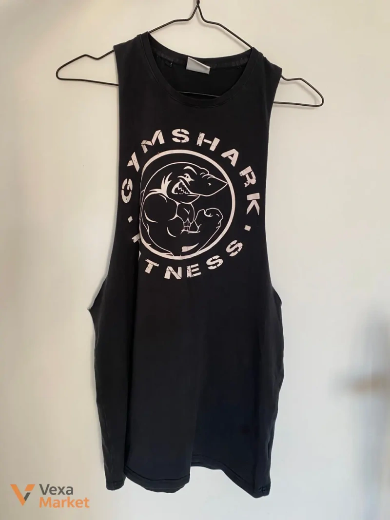 Чорна спортивна майка Gymshark Legacy Drop Arm Tank з принтом акули, розмір S — фото 2