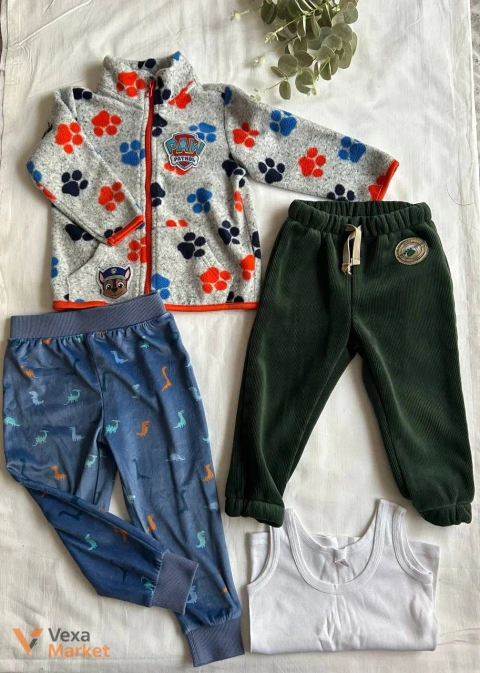 Дитячий одяг: флісова кофта Paw Patrol, вельветові штани So Cute та штани з динозаврами F&F