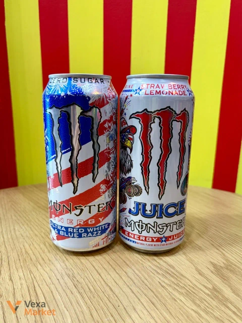 Енергетичний напій Monster Energy Strawberry Lemonade 473ml та Ultra Red, White & Blue Razz 473ml