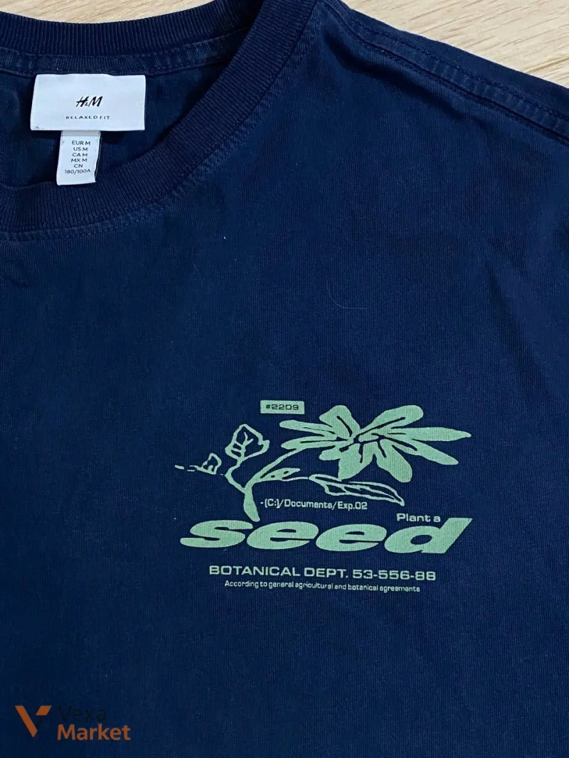 Футболка H&M Relaxed Fit "SEED" темно-синя розмір M — фото 3