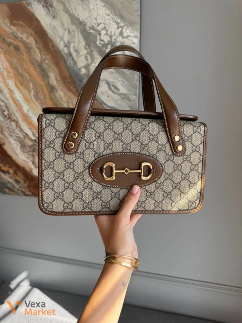 Gucci 1955 Horsebit Bag Medium Monogram Canvas Brown Leather Trim