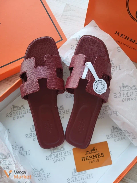 Hermes Oran Slippers шкіряні жіночі бордові розміри 36-41