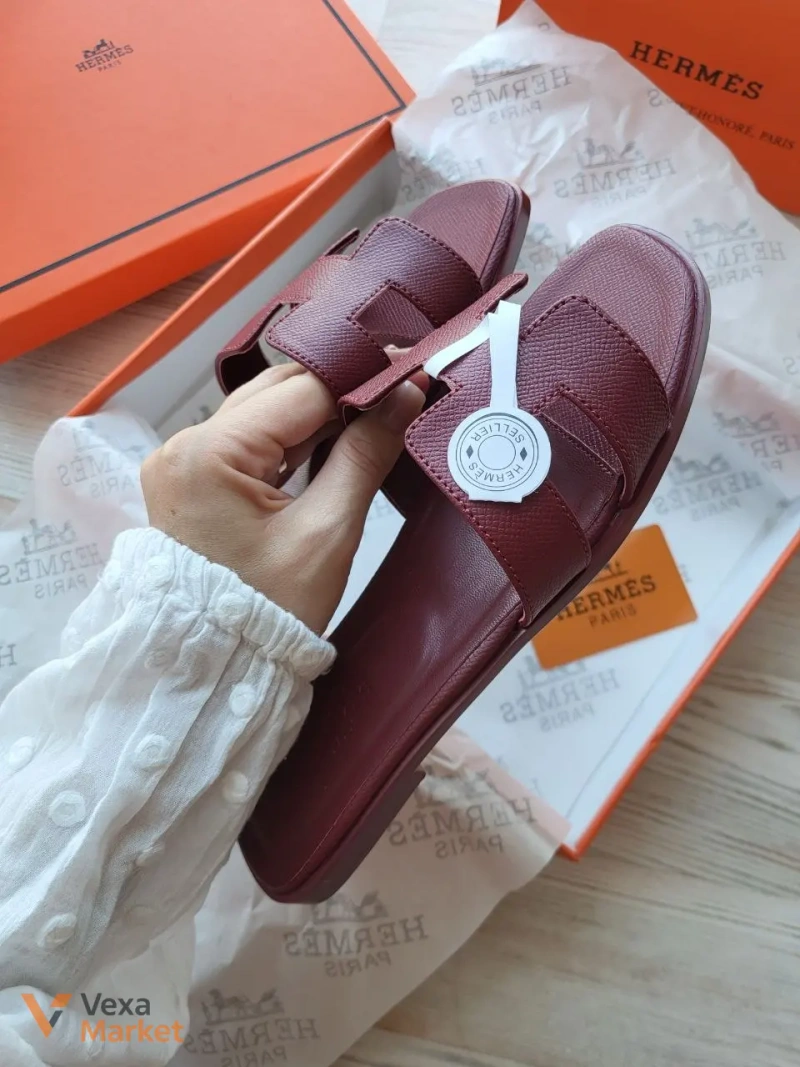 Hermes Oran Slippers шкіряні жіночі бордові розміри 36-41 — фото 2