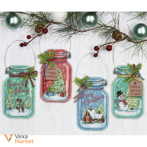 Набір для вишивання хрестиком DIMENSIONS "Різдвяні баночки//Christmas Jar Ornaments" 70-08964