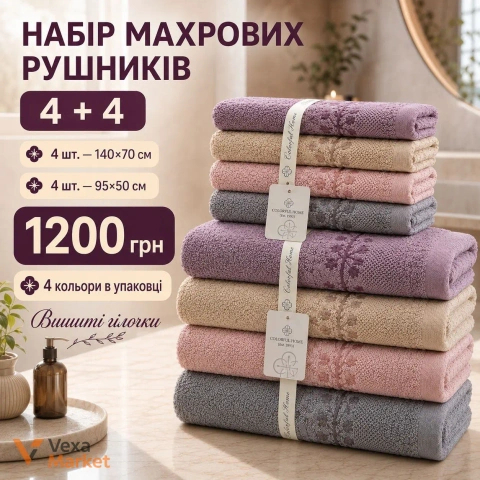 Набір махрових рушників 8 шт. (4 шт. 140x70 см, 4 шт. 95x50 см) з вишивкою, 4 кольори