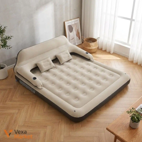 Надувний диван-матрац 2в1 KING Size 202×152×70 см з насосом, підголівником і подушками