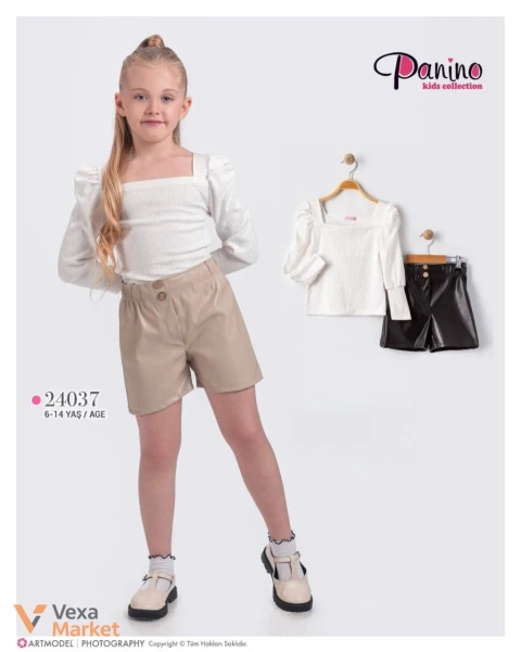Panino kids collection Стильний костюм-двійка молочний лонгслів та чорні шорти 104-128 см