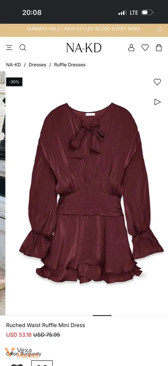 Сукня NA-KD Ruched Waist Ruffle Mini Dress бордова — фото 3