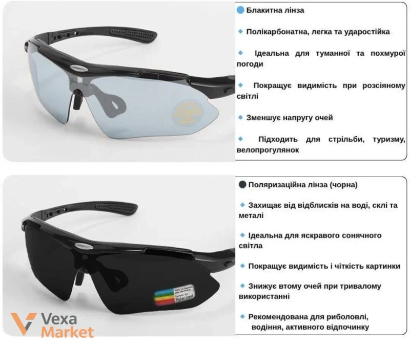 Тактичні окуляри RockBros Original Polarized Black з діоптрійною вставкою та 5 змінними лінзами — фото 2