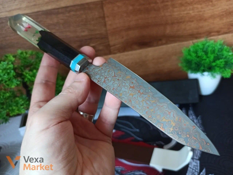 Традиційний кухарський ніж КІРІЦУКЕ, Дамаський ламінат, мідь, 245 мм — фото 4