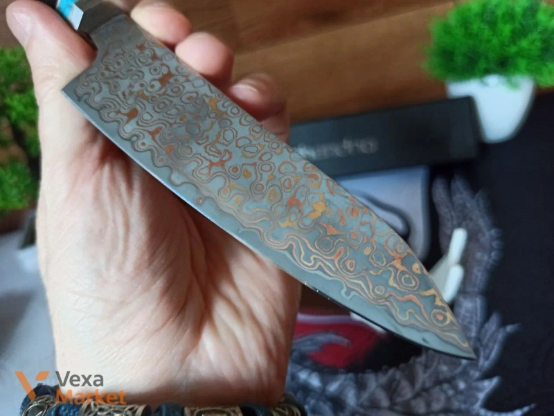 Традиційний кухарський ніж КІРІЦУКЕ, Дамаський ламінат, мідь, 245 мм — фото 5