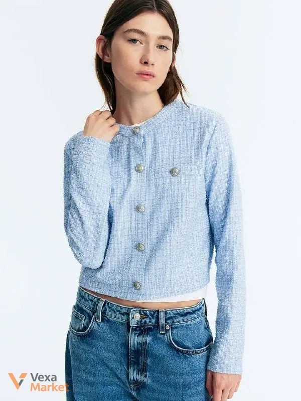 Укороченный твидовый кардиган H&M небесно-голубой, размер M — фото 3