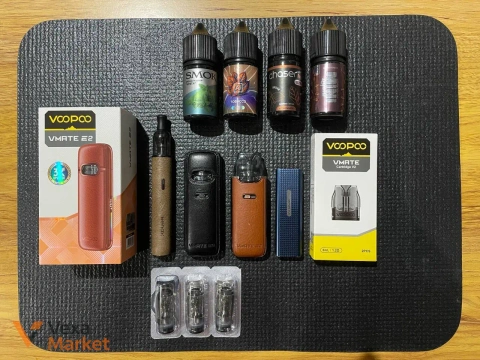 Voopoo Vmate E2 (коричневый, без колпачка), Geekvape Wenax M2 Leather Edition, Uwell Xros Mini