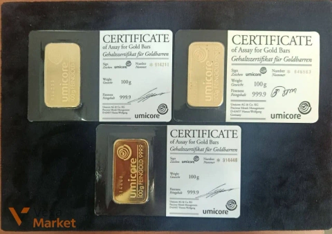 Золоті зливки Umicore 100 г з пошкодженою упаковкою