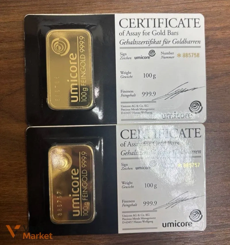 Золоті зливки Umicore 100 г з пошкодженою упаковкою — фото 2