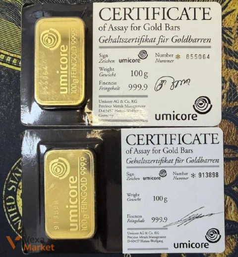 Золоті зливки Umicore, Argor/C.Hafner, Valcambi, Comerzbank з пошкодженою упаковкою
