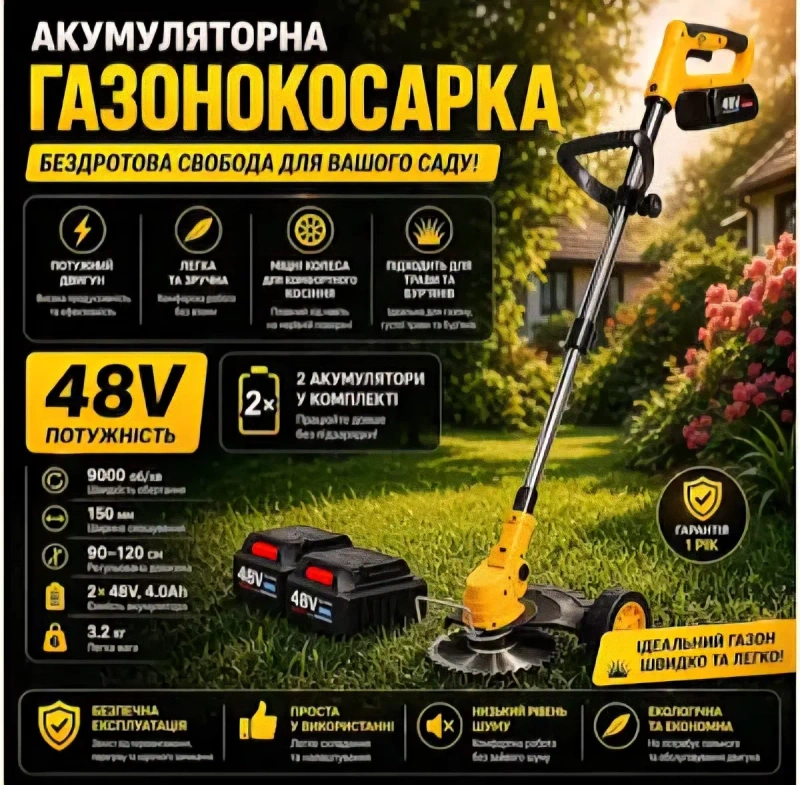 Аккумуляторный триммер-газонокосилка на колесах 48В с 2 АКБ и 8 насадок, триммер-коса для травы и кустов,Беспроводная газонокосилка мотокоса + колеса — фото 8