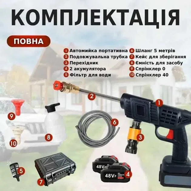 Акумуляторна автомийка високого тиску 1 акб Портативна автомобільна мийка Набір для машин у кейсі TC — фото 3