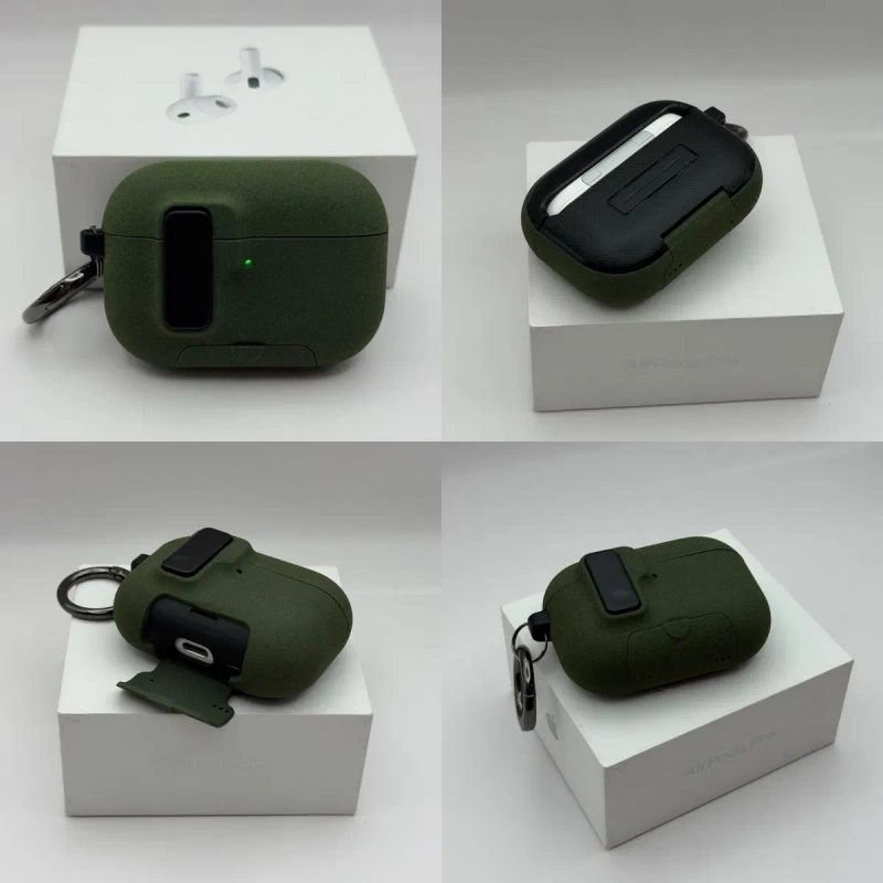 Чехол на AirPods Pro 3 Grey, AirPods 4 Green, AirPods Pro 2, противоударный, максимальная защита от падения, открывается кнопкой — фото 3