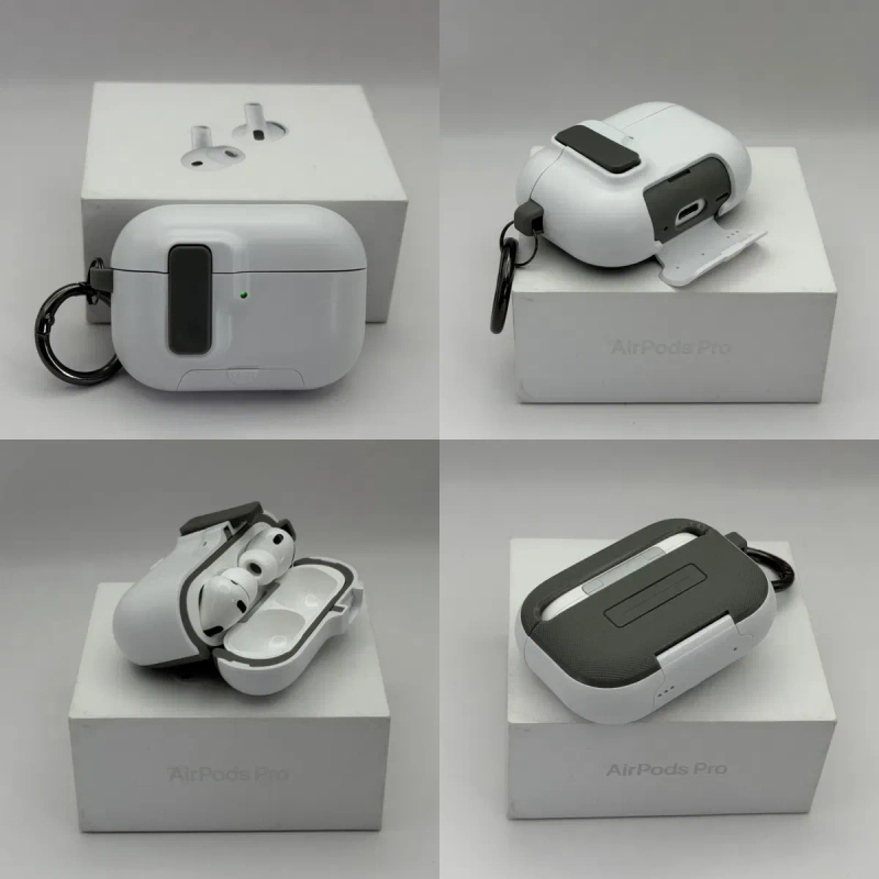 Чехол на AirPods Pro 3 Grey, AirPods 4 Green, AirPods Pro 2, противоударный, максимальная защита от падения, открывается кнопкой — фото 4