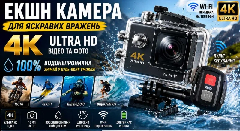 Екшн-камера 4K UltraHD відео Wi-Fi водонепроникна підводна ширококутна — фото 2