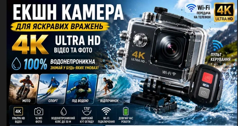Екшн-камера водозахисна 4K Ultra HD Wi-Fi 170° з пультом і кріпленнями — фото 8