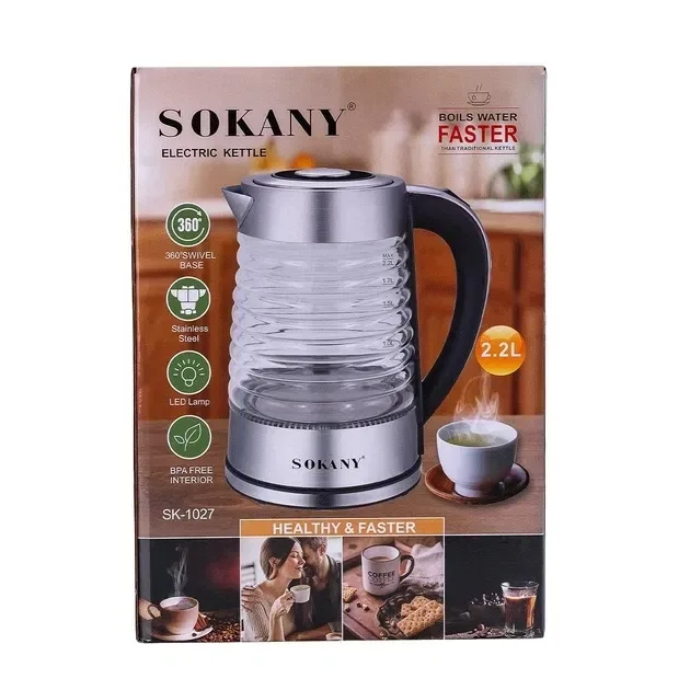 Електрочайник Sokany SK-1027 2.2 л скляний новий LED підсвітка — фото 5
