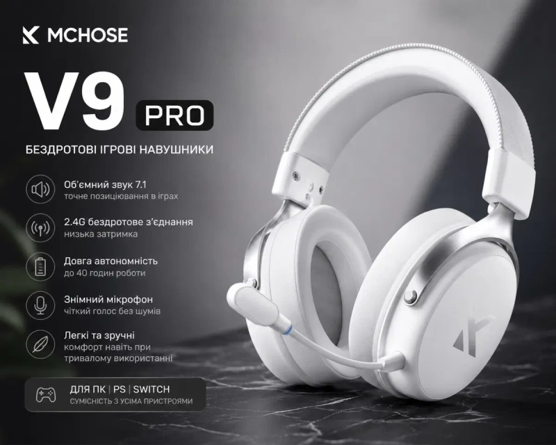 Гарантія‼️ Білі Чорні Рожеві Mchose V9 Pro  бездротові ігрові навушники 7.1 — фото 3