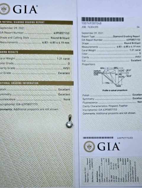 GIA 1,21 ct D/VVS1 натуральний діамант. Підвіс, кулон біле золото