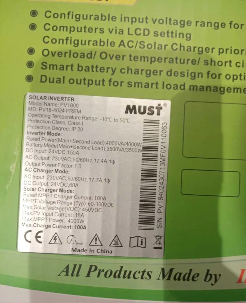 Гібридний інвертор MUST PV18-4024PREM/ECO 4000W, 24V, струм заряду 60A — фото 7