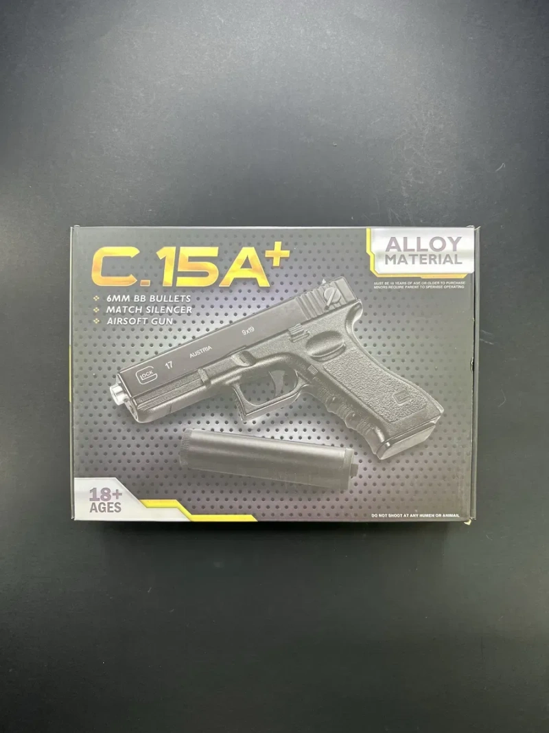 Іграшковий металевий пістолет Glock 17 з глушником C15A+ 6 мм пружинний — фото 2