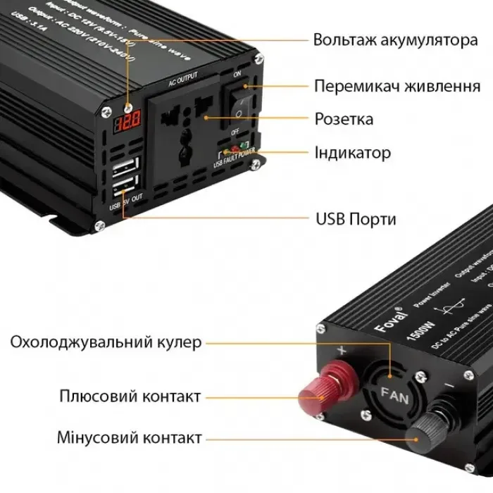 Інвертор 12V-220 FOVAL 1500W чиста синусоїда — фото 4