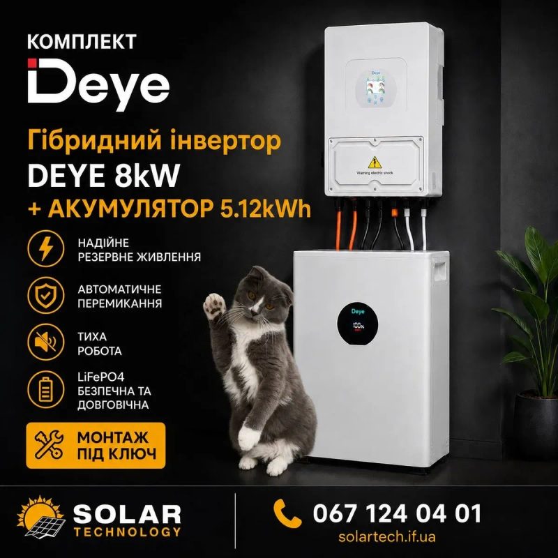 Комплект Інвертор Deye 10 квт + АКБ Deye 5,12 квт + Монтаж під ключ + Налаштування + Сервіс + Гарантія Deye Solax ДБЖ Інвертор Акумулятор — фото 2