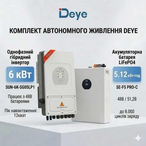 Комплект інвертор Deye SUN-6K-SG05LP1+ акумулятор Deye SE-F5 PRO-C