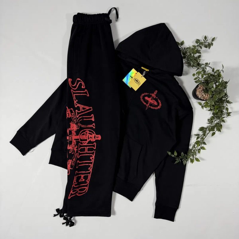 Костюм Corteiz Slaughter Gang S-XL штани та худі кортез зіпка слотер генг червоний принт дрілл drill y2k cortez худи зипка — фото 2