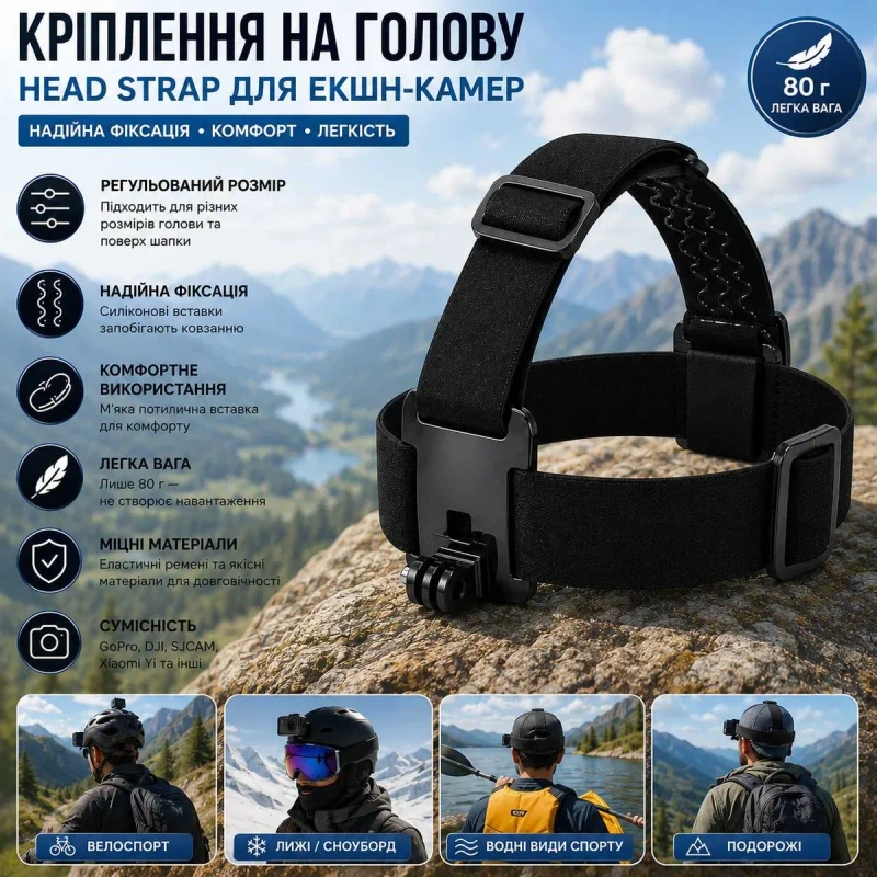 Кріплення на голову Head Strap для GoPro та екшн-камер, регульований ремінь, чорний — фото 2