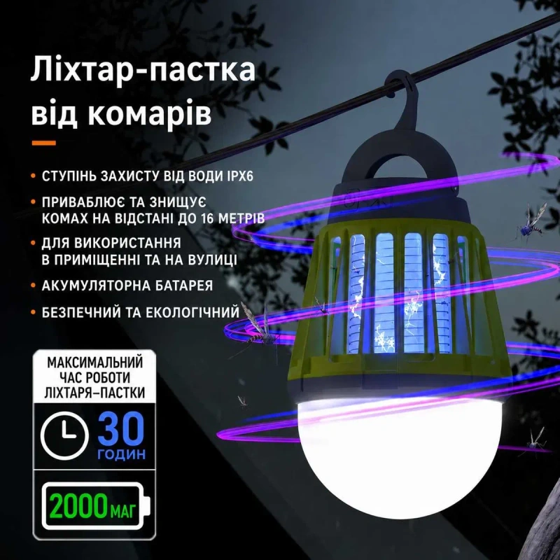Лампа від комарів акумуляторна LED 2000mAh мухоловка фумігатор ліхтар кемпінговий знищувач комах нічник інсектицидна лампа антимоскінта лампа фумигато — фото 2
