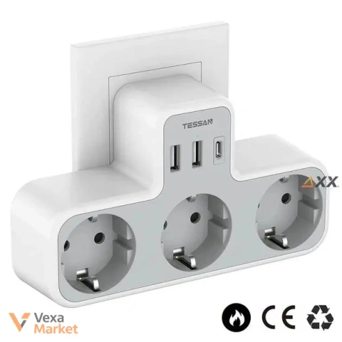 Мережевий фільтр-розгалужувач Tessan з 3 євророзетками та 3 USB портами, 3600W/16A, Білий