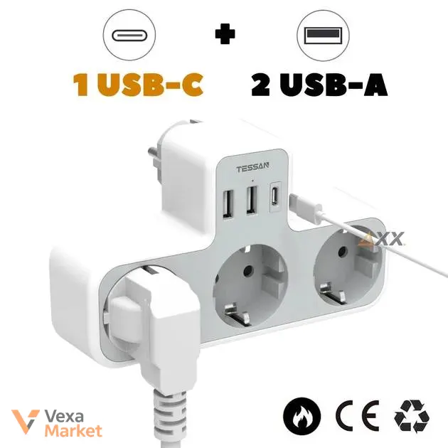 Мережевий фільтр-розгалужувач Tessan з 3 євророзетками та 3 USB портами, 3600W/16A, Білий — фото 2