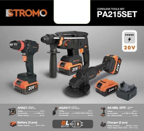 Набір ак. інструменту STROMO PA-215SET (болгарка,перфоратор,ш/верт)