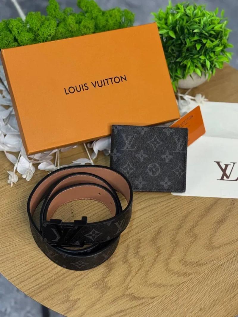 Набір Louis Vuitton чорний ремінь + гаманець Lv набор Луи Витон Лв | Набор Луї Вітон чоловічий чорний пасок Лв 105 см ремінь Louis Vuitton чорний — фото 2