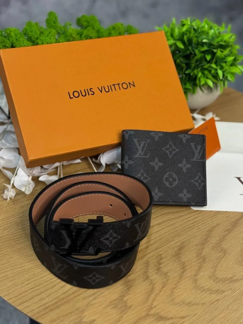Набір Louis Vuitton чорний ремінь + гаманець Lv набор Луи Витон Лв | Набор Луї Вітон чоловічий чорний пасок Лв 105 см ремінь Louis Vuitton чорний — фото 3
